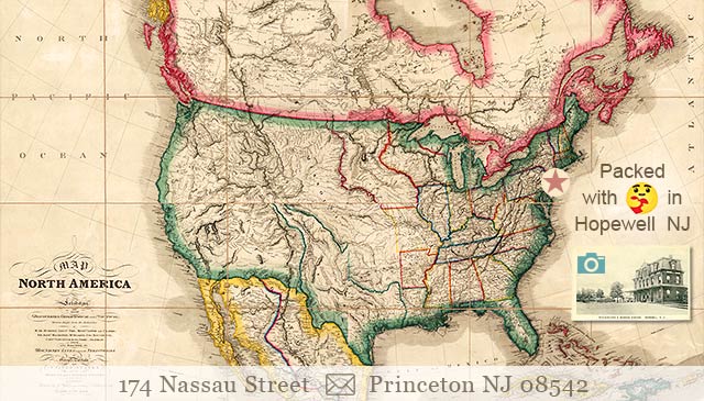 Antique map of North America, our location marked.