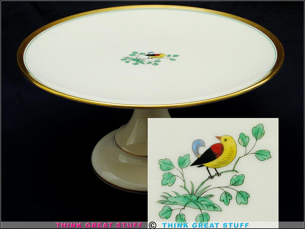 Product photo #100_2455 of SKU 21001104 (Lenox 1930s Pedestal Cake Stand, Hand-painted Bird Decoration)