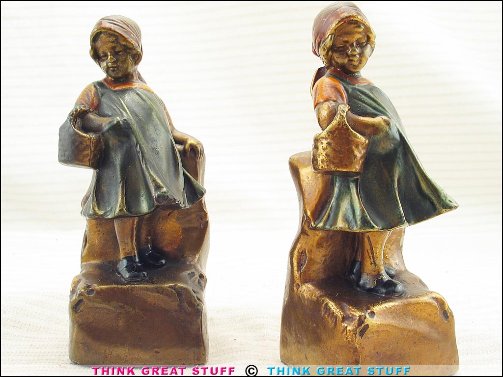 Product photo #100_6150 of SKU 21001245 (“Basket Case” Little Girl 1920s Armor Bronze Antique Bookends)