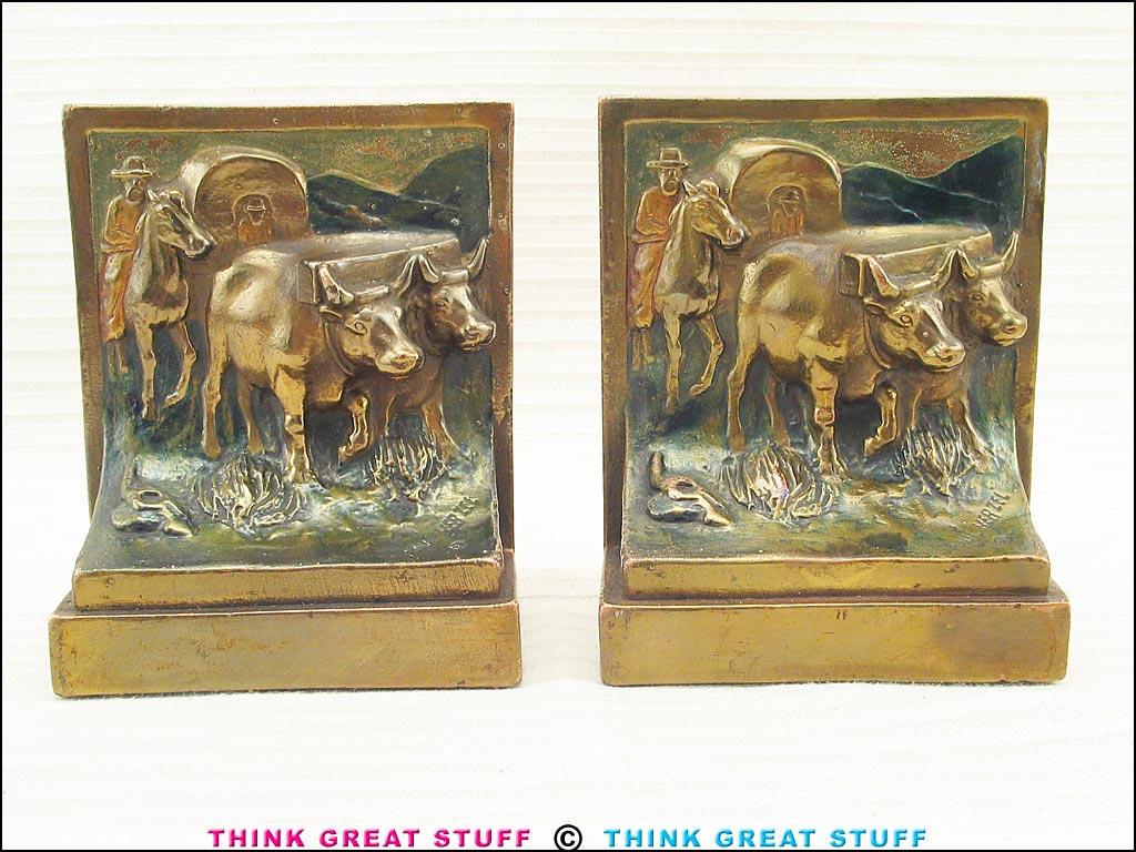 Product photo #100_7550 of SKU 21001307 (“The Covered Wagon” 1920s Pompeian Bronze Antique Bookends)