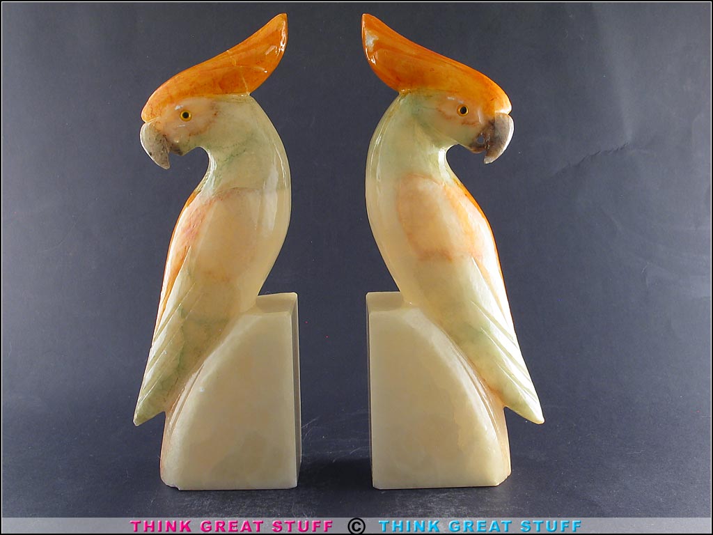 21001340 BIG Vintage Carved Alabaster Cockatoo Bookends, Parrot Bird Think Great Stuff