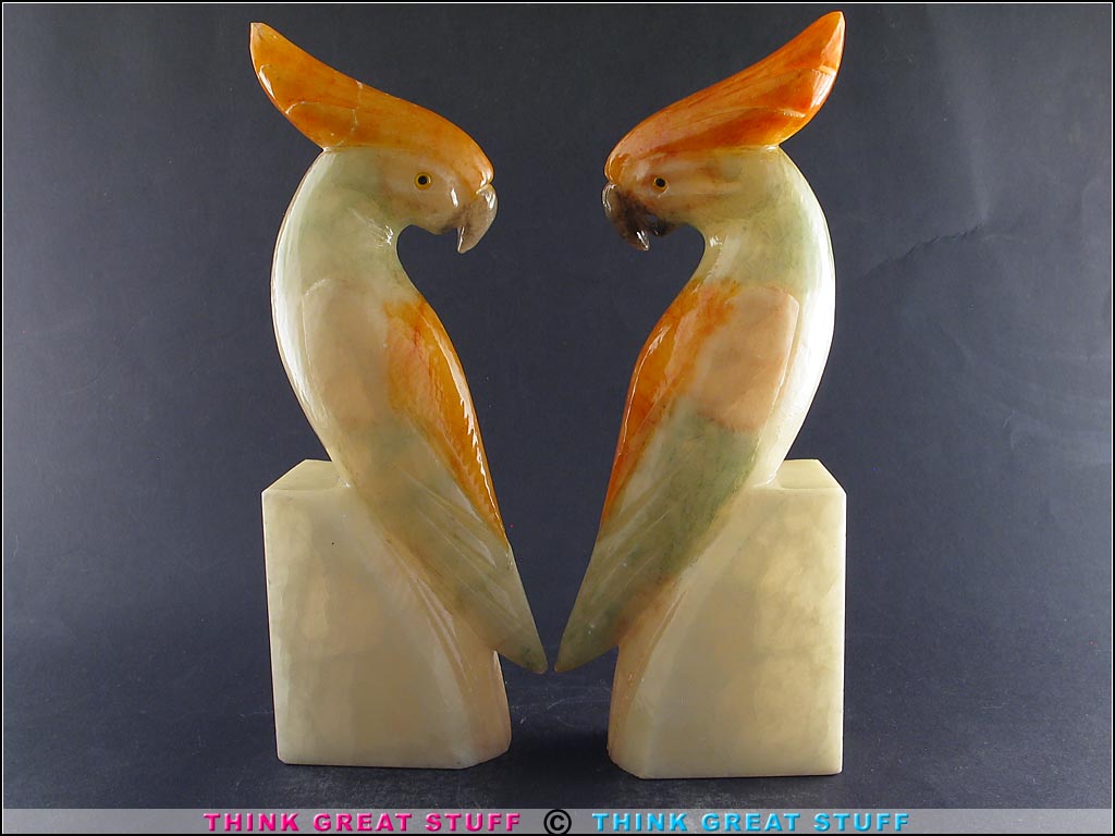 21001340 BIG Vintage Carved Alabaster Cockatoo Bookends, Parrot Bird Think Great Stuff