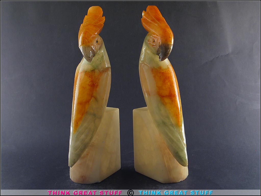 21001340 BIG Vintage Carved Alabaster Cockatoo Bookends, Parrot Bird Think Great Stuff