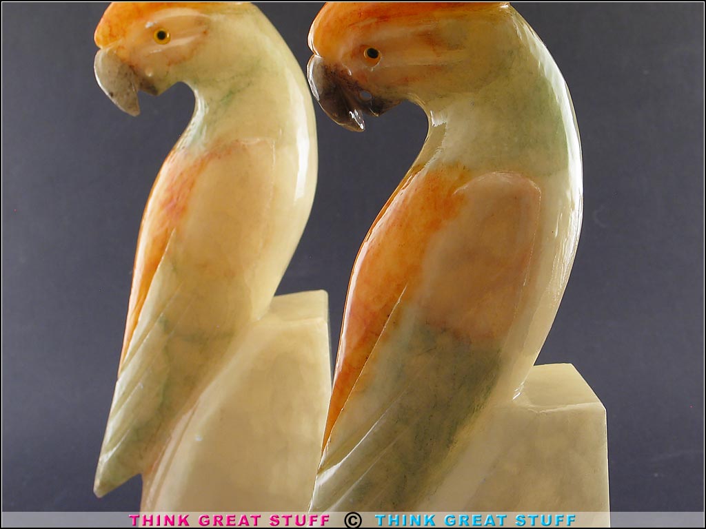 21001340 BIG Vintage Carved Alabaster Cockatoo Bookends, Parrot Bird Think Great Stuff