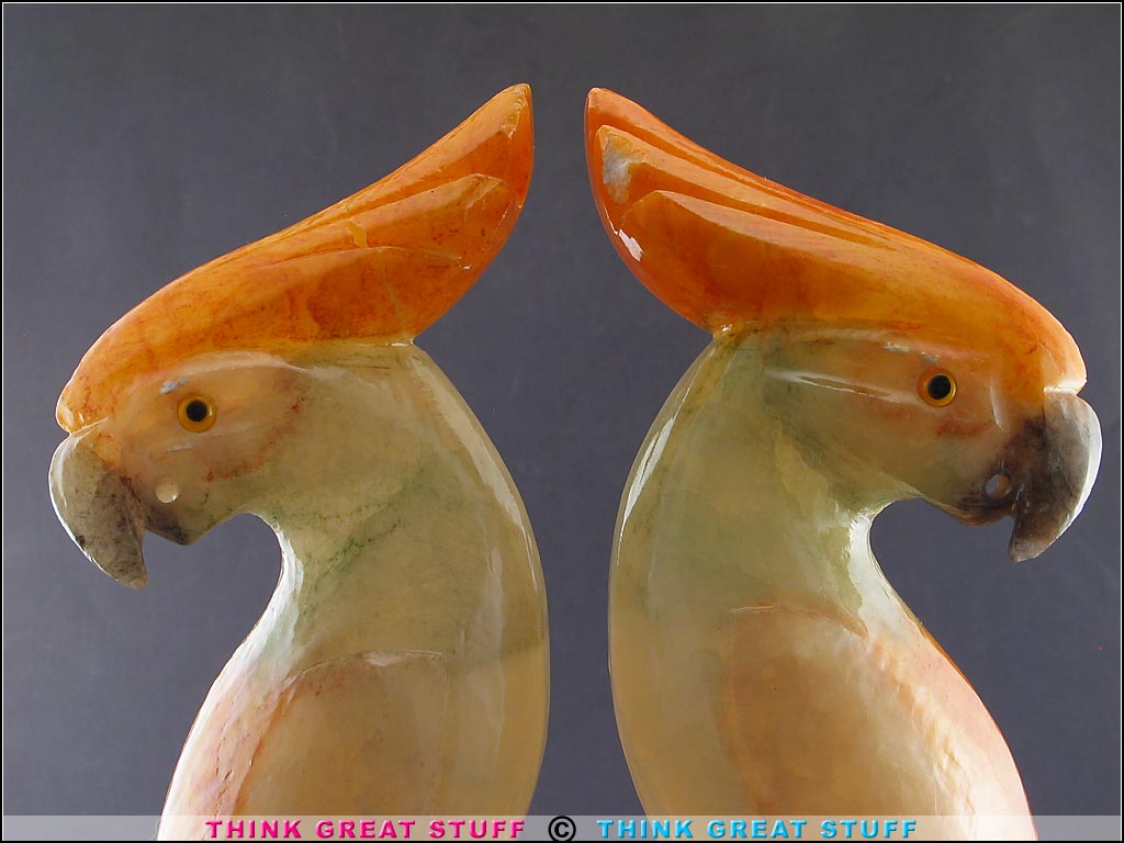 21001340 BIG Vintage Carved Alabaster Cockatoo Bookends, Parrot Bird Think Great Stuff