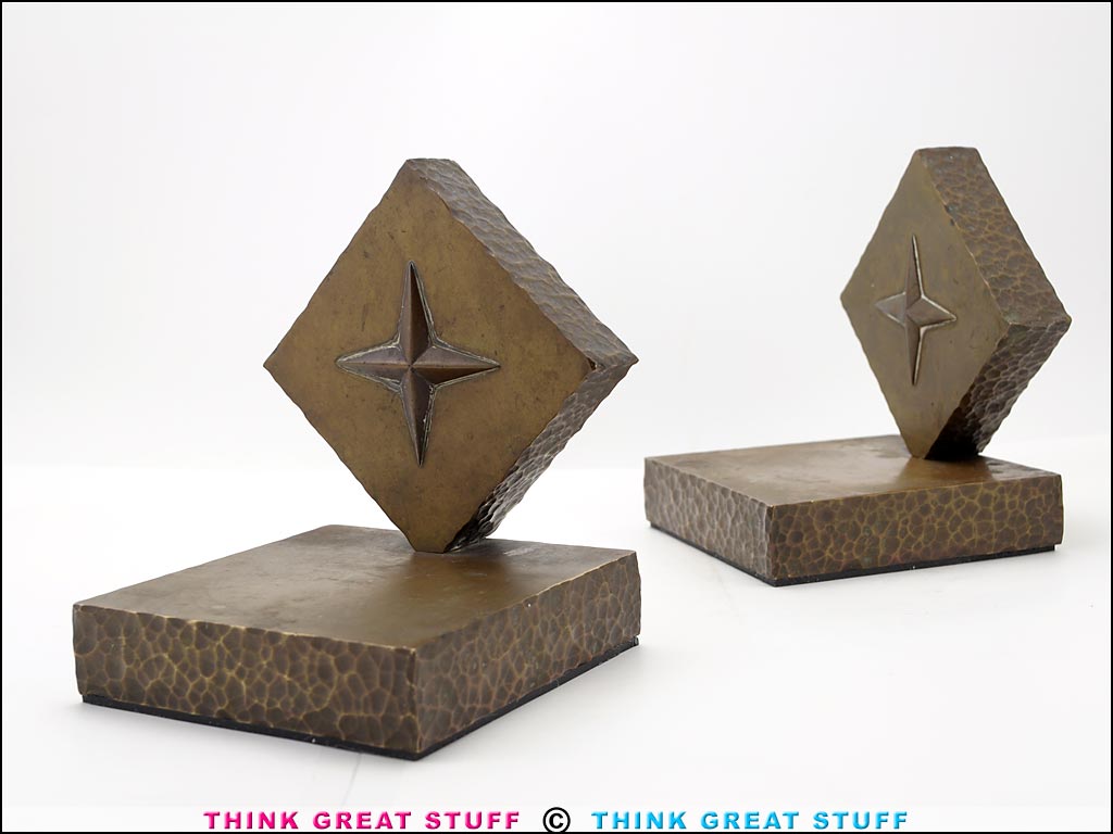 Product photo #100_9120 of SKU 21001345 (Four-point Compass Rose, c.1930s Handmade Brass/Bronze Bookends)