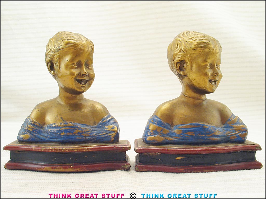 Product photo #100_5960 of SKU 21001235 (Desiderio “Laughing Boy” 1920s Armor Bronze Antique Bookends)