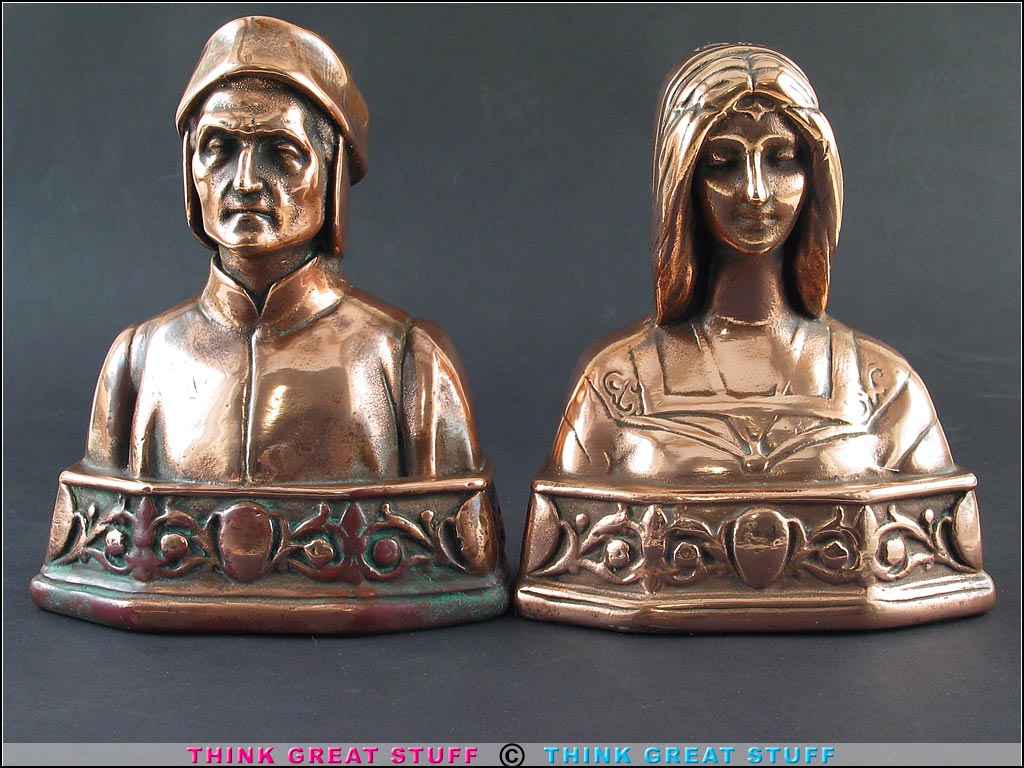 "Dante and Beatrice" Galvano Bronze Antique Bookends (Photo no. 100_6290)