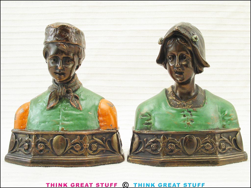 Product photo #100_6640 of SKU 21001270 (“Dutch Couple” 1920s Pompeian Bronze Bookends, Dark Patina)