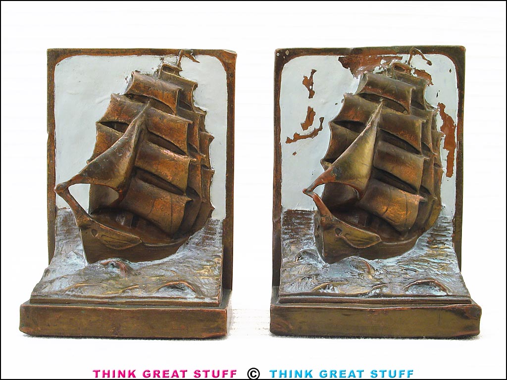 Product photo #100_6700 of SKU 21001273 (Tall Ship + Lighthouse 1920s Pompeian Bronze Antique Bookends)