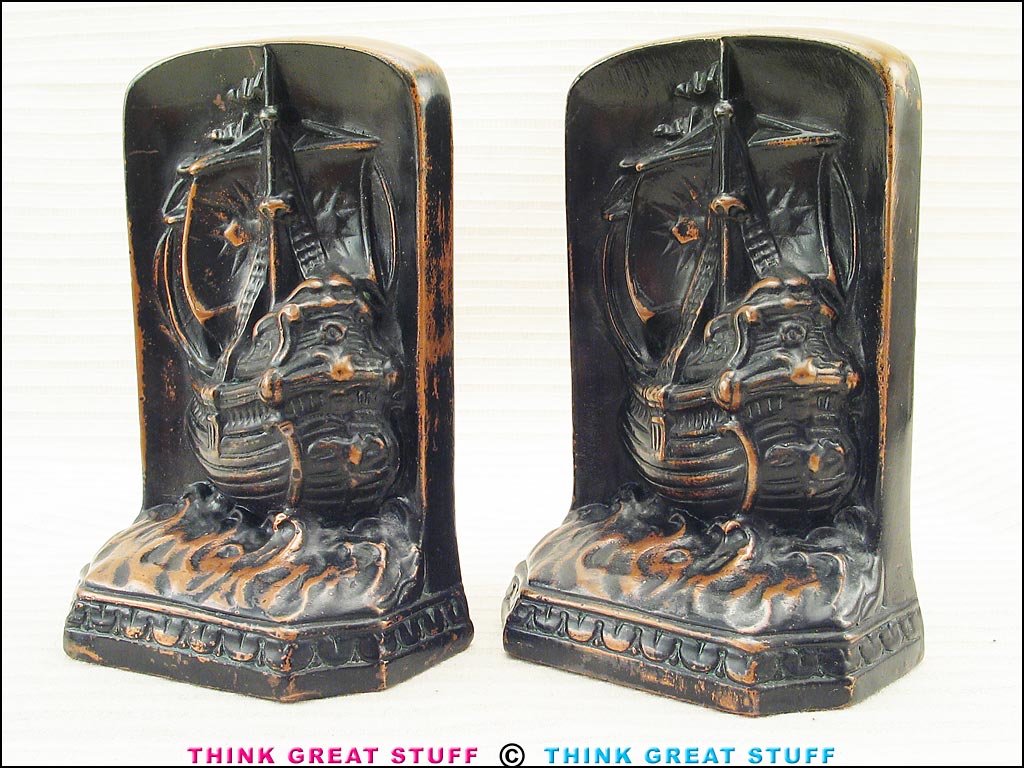 "Galleon at Sea" 1920s Sailing Ship Bronze Bookends (Photo no. 100_7590)
