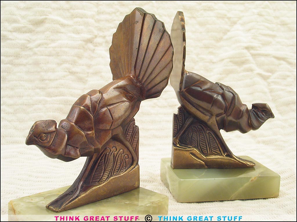 Product photo #100_7672 of SKU 21001311 (Ruffed Grouse 1920s Bronze Bird on Onyx Antique Bookends, 6 lbs)