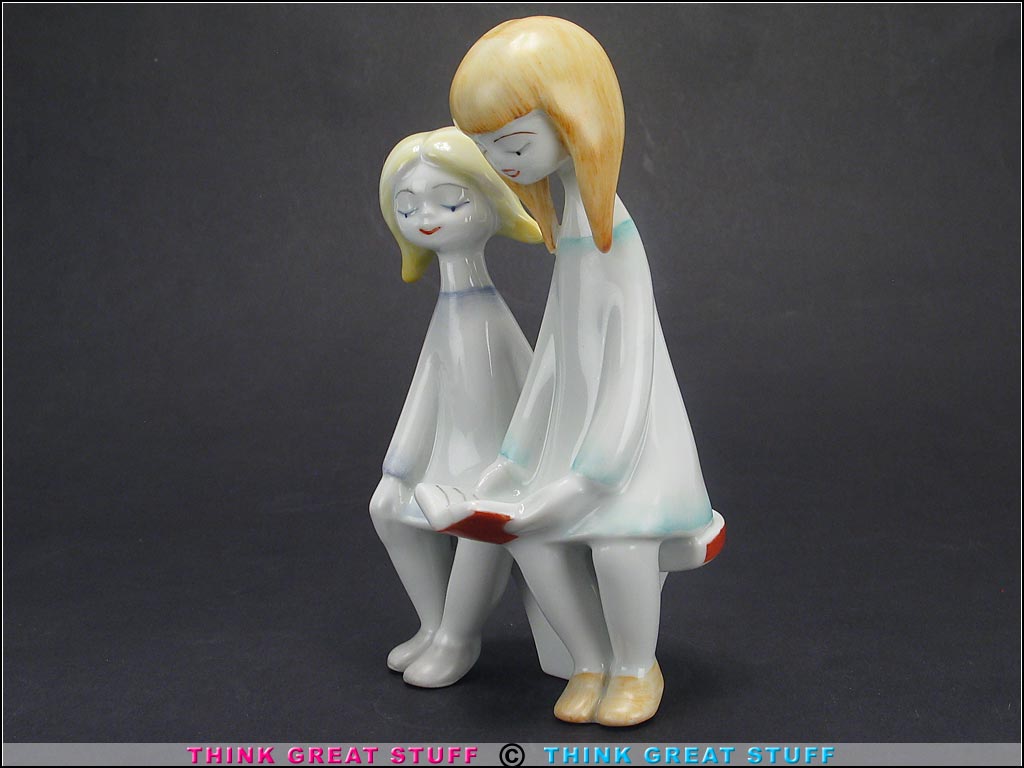 Product photo #100_8244 of SKU 21004001 (Hollohaza 1950s “Two Girls Reading” Porcelain Figurine)