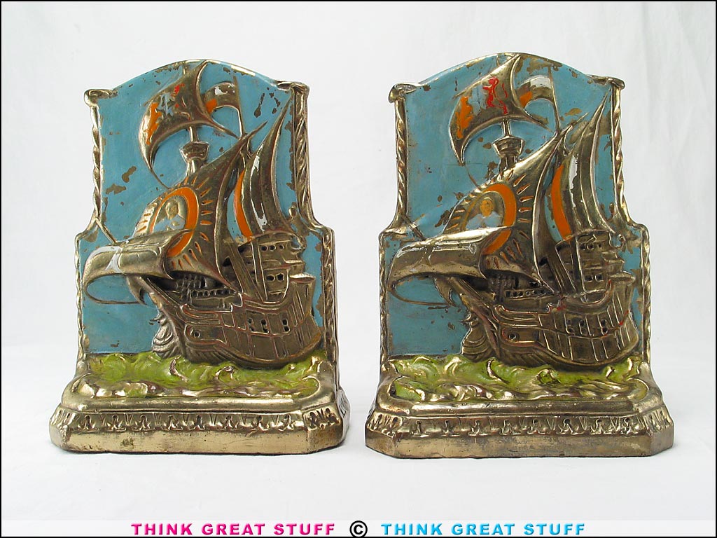 Product photo #100_8260 of SKU 21001330 (Galleon Tall Ships 1920s Galvano Bronze Antique Bookends)