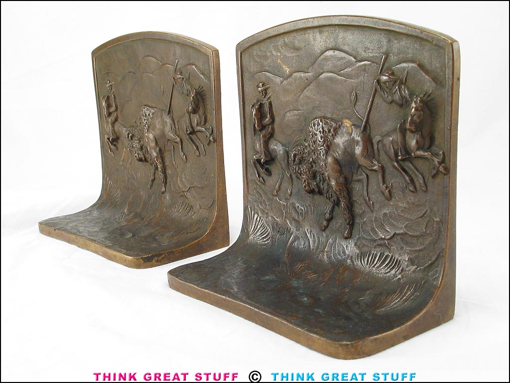 Photo 100_8300 Product photo #100_8300 of SKU 21001332 (“Buffalo Hunt” Bison 1920s Solid Bronze Antique Bookends)