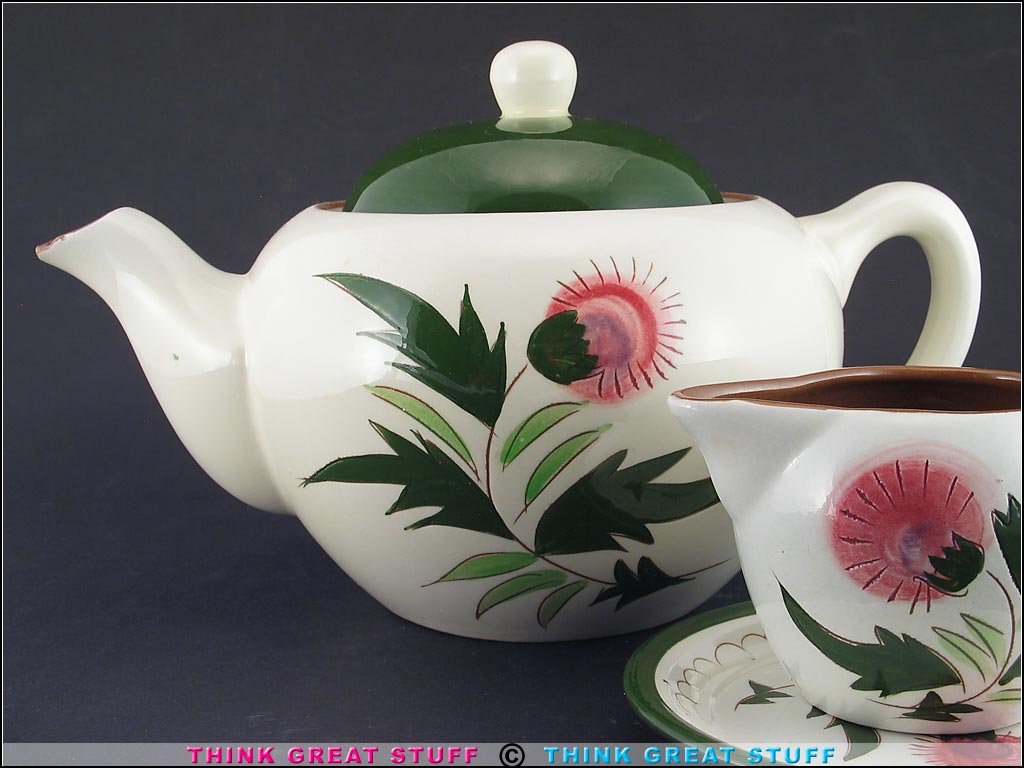 Product photo #100_8640 of SKU 21004008 (STANGL USA 1950s Thistle Teapot, plus Creamer & Coaster)