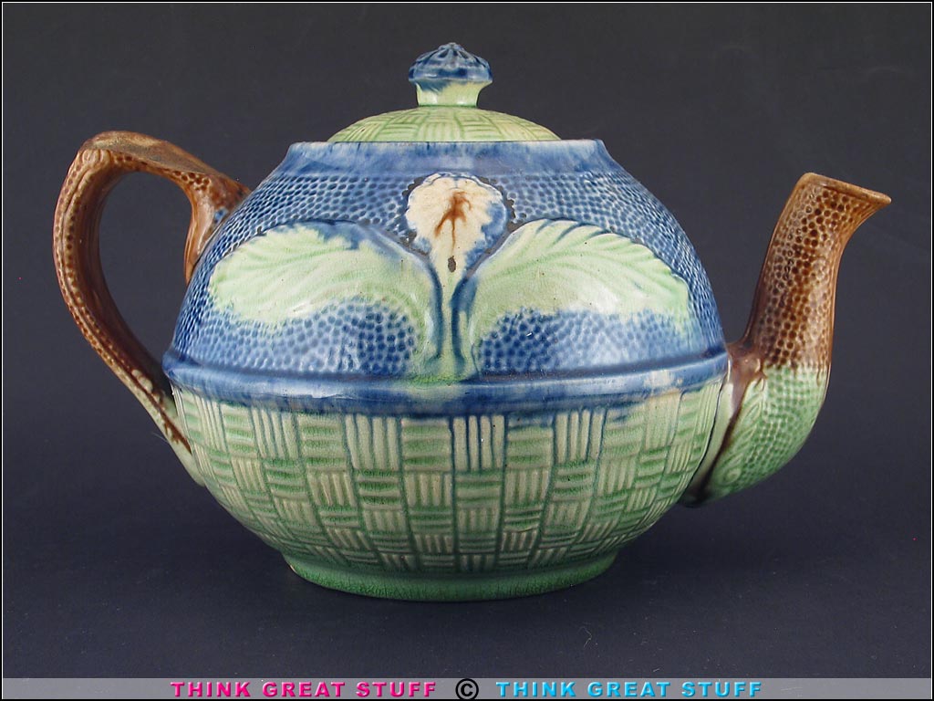 Product photo #100_8660 of SKU 21004009 (Majolica 1800s Teapot, Primitive Earthenware, Bamboo Flower & Leaves Motif)