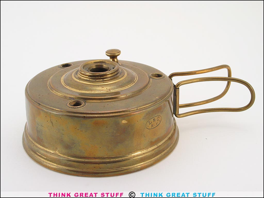 Product photo #100_8970 of SKU 21006004 (“L&C, NY” Antique Brass Alcohol Burner, French patent-mark)