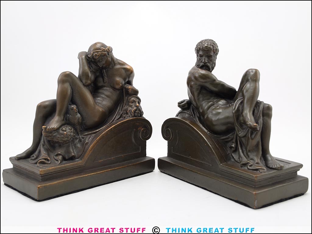 Product photo #100_9001 of SKU 21001341 (“Night and Day” 1920s Armor Bronze Bookends Michelangelo)