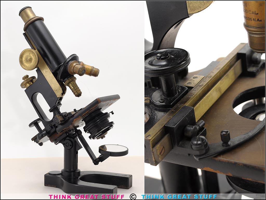 Bausch & Lomb c.1900 Antique Brass Microscope w/ XY Stage, Wooden Case (Photo no. 100_9531)